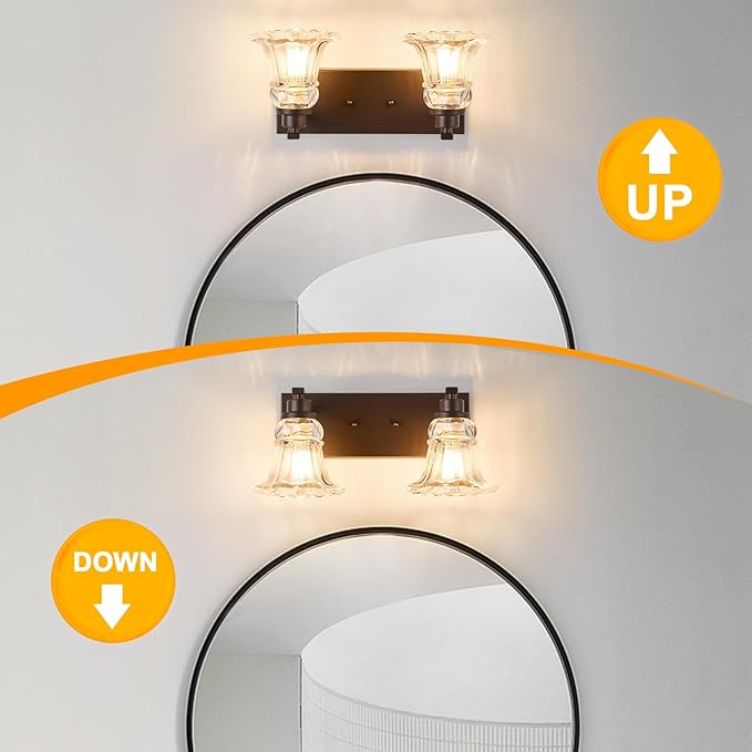 Vintage 2-Light Bathroom Vanity Light, Oil Rubbed Bronze Bathroom Light Fixtures with Floral Clear Glass Shades, Antique Wall Sconce Fixtures for Dressing Table, Bedroom