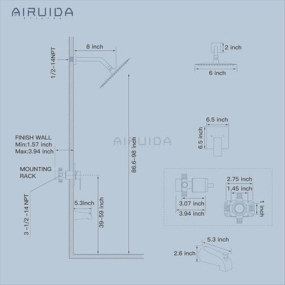 Airuida 6 Inch Shower Faucet Set,Bathtub Faucet Kit,Oil Rubbed Bronze | Shower Tub Faucet Set,Male Threads Rough-In Valve,Square Head Shower System