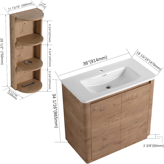 36" Bathroom Vanity with Ceramic Sink, Freestanding Bathroom Vanity with 2-Soft-Close Door, Semicircle Storage Rack & Inside Adjustable Shelves for Home, Farmhouse Floor Mount Vanity, Oak