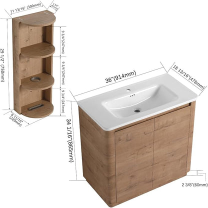 36" Bathroom Vanity with Ceramic Sink, Freestanding Bathroom Vanity with 2-Soft-Close Door, Semicircle Storage Rack & Inside Adjustable Shelves for Home, Farmhouse Floor Mount Vanity, Oak