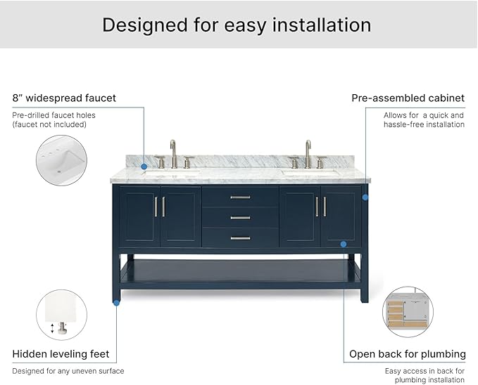 ARIEL Magnolia 72-inch Bathroom Vanity with Sink,Solid Wood, 1.5-inch Italian Carrara Marble Countertop, Double Rectangular Porcelain Sink, 4 Soft Closing Doors, 3 Dovetail Drawers, Midnight Blue
