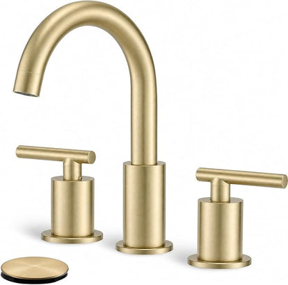 Widespread Bathroom Faucet, 2 Handle Vanity Sink Faucet Brushed Gold | SUS 304 Stainless Steel, 360° Swivel Spout, Pop-up Drain, Ceramic Valve, Aerated Stream, 20-Min DIY Install
