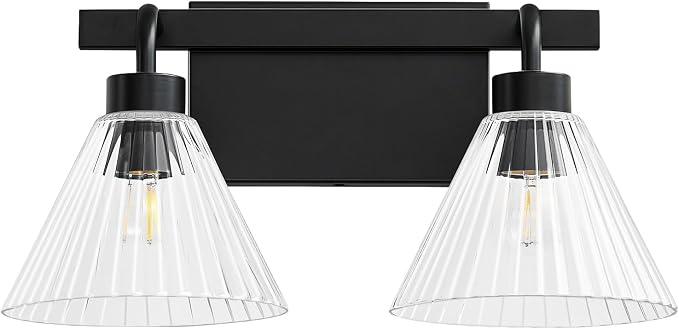 AIJIASI Bathroom Vanity Light 2-Light Modern Black Bathroom Light Fixtures Over Mirror with Ribbed Glass Shade, 16 Inch Vanity Lighting Fixtures for Bedroom Living Room Hallway