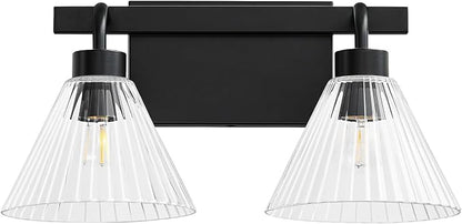 AIJIASI Bathroom Vanity Light 2-Light Modern Black Bathroom Light Fixtures Over Mirror with Ribbed Glass Shade, 16 Inch Vanity Lighting Fixtures for Bedroom Living Room Hallway