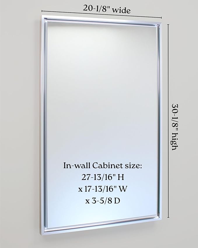 Fox Hollow Furnishings 20x30 Parker Metro Metal Framed Rectangle Recessed Bathroom Medicine Cabinet, Floating Mirror, 14x24 in-Wall Opening, Steel, Adjustable Glass Shelves, Magnet Close, Chrome