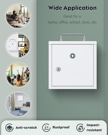 Uniclife Wall Mount Medicine Cabinet with Key Lock & Handle Locking First Aid Cabinet Lockable Medical Cabinet Lightweight Medium Medicine Organizer Secure Steel Wall Cabinet Metal Storage Box, White