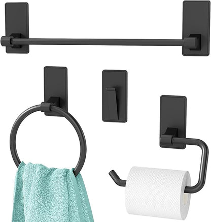 4 Pieces Bathroom Hardware Set, Stainless Steel Bathroom Accessory Set, 16 Inch Bath Towel Bar Set Self Adhesive Towel Racks for Bathroom Wall Mounted，Matte Black