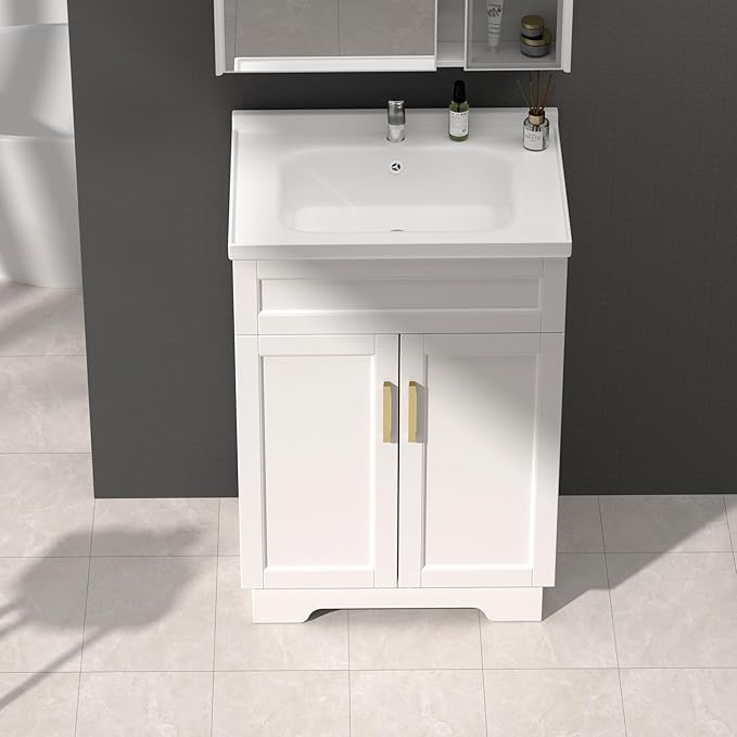 OLD CAPTAIN Bathroom Vanity with Ceramic Sink, Wooden Double Door Bathroom Storage Vanity with 24 Inch, Small Quick Assembly Bathroom Cabinet (White)