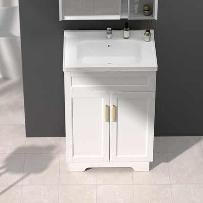 OLD CAPTAIN Bathroom Vanity with Ceramic Sink, Wooden Double Door Bathroom Storage Vanity with 24 Inch, Small Quick Assembly Bathroom Cabinet (White)