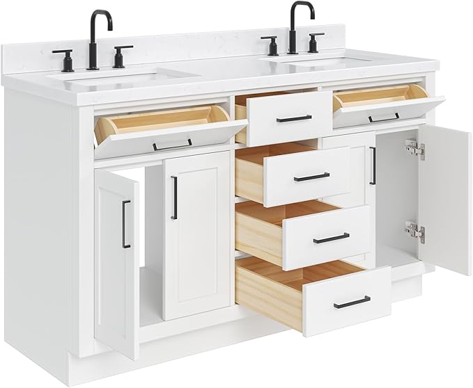 ARIEL Hepburn 60-inch Bathroom Vanity with Sink,Solid Wood, 1.5-inch Carrara White Quartz Countertop & Backsplash, Double Rectangular Porcelain Sink, 4 Soft Closing Doors, 6 Dovetail Drawers, White