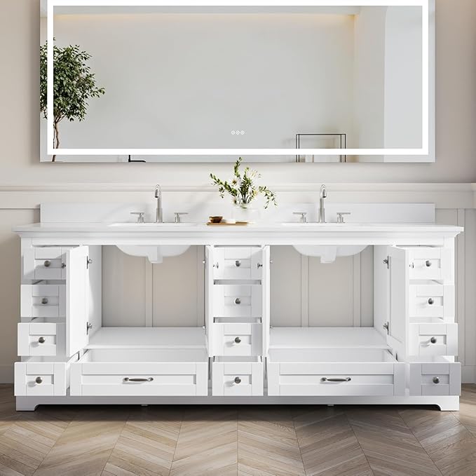 WELLFOR 84 Inch Bathroom Vanity with Double Sinks, Bathroom Freestanding Vanity W/4 Soft-Close Doors and 14 Drawers, Large Storage Space Vanity, Engineered Stone Countertop Vanities, White