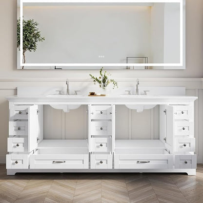 WELLFOR 84 Inch Bathroom Vanity with Double Sinks, Bathroom Freestanding Vanity W/4 Soft-Close Doors and 14 Drawers, Large Storage Space Vanity, Engineered Stone Countertop Vanities, White