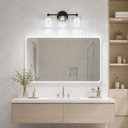 Black and Gold Vanity Light with 3 Color Modes, Eye Protection LED Bathroom Light Fixtures, Dimmable Modern Wall Light Over Mirror with Clear Glass Shade (Black & Gold, 3-Light)