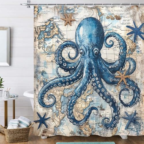 Octopus Shower Curtain for Bathroom, Funny Ocean Vintage Nautical Shower Curtains, Coastal Map Waterproof Fabric Shower Curtain Set with 12 Hooks, Retro 72 x 72 Inch