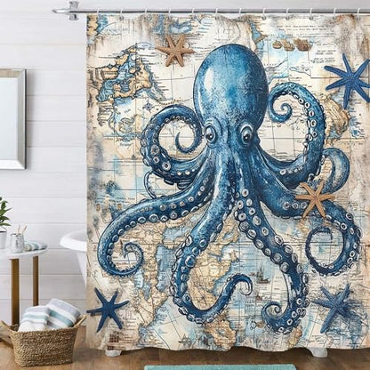 Octopus Shower Curtain for Bathroom, Funny Ocean Vintage Nautical Shower Curtains, Coastal Map Waterproof Fabric Shower Curtain Set with 12 Hooks, Retro 72 x 72 Inch