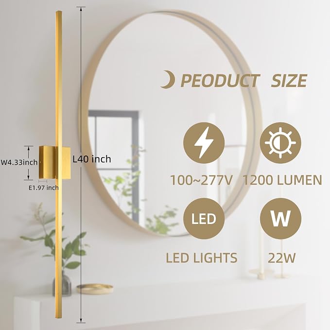 Gold Wall Sconces Set of Two,LED Hardwired Dimmable | Wall Sconce,Gold Wall Sconce for Bathroom, Living Room, Bedroom, Hardwired 3000K 40 Inch (2 Pack)