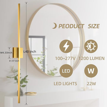Gold Wall Sconces Set of Two,LED Hardwired Dimmable | Wall Sconce,Gold Wall Sconce for Bathroom, Living Room, Bedroom, Hardwired 3000K 40 Inch (2 Pack)