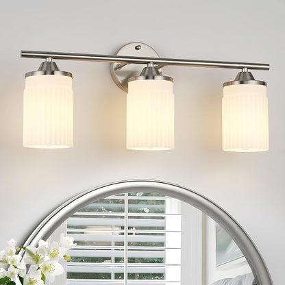 Jonsi Nickel Bathroom Light Fixtures 3-Light Vanity Lights Modern Wall Sconce with Milk White Shade Brushed Nickel Bathroom Light Fixture Over Mirror for Bedroom Hallway Kitchen