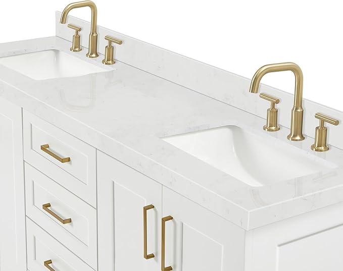 ARIEL Taylor 66-inch Bathroom Vanity with Sink,Solid Wood, 1.5-inch Carrara White Quartz Countertop & Backsplash, Double Rectangular Porcelain Sink, 4 Soft Closing Doors, 5 Dovetail Drawers, White