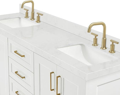 ARIEL Taylor 66-inch Bathroom Vanity with Sink,Solid Wood, 1.5-inch Carrara White Quartz Countertop & Backsplash, Double Rectangular Porcelain Sink, 4 Soft Closing Doors, 5 Dovetail Drawers, White