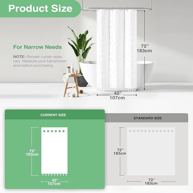 Stall Boho Farmhouse Shower Curtain Tufted Geometric 42"x72" White | 42 Inch Wide, Elegant Tassel, Lightweight Textured Fabric, Water Repellent, Washable, for Narrow Bathroom/Dorm 7 Hooks