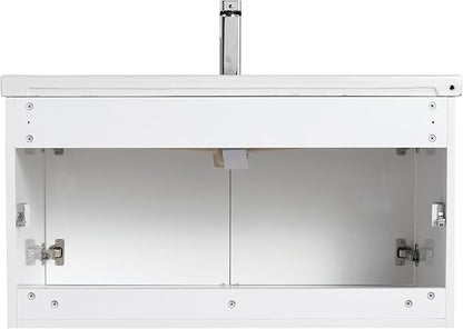 Blossom 36 Inch Wall Mounted Bathroom Vanity with Sink | Floating Wood Vanity Cabinet | Modern Soft-Close Doors & Storage | Ceramic Basin | Space-Saving Design (Glossy White, 36'' Ceramic Sink)