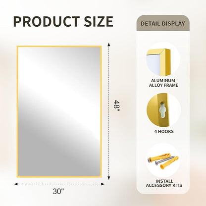 FICTOR Bathroom Vanity Mirror for Over Sink, 30" x 48", Gold | Anti-Rust Frame, Shatterproof Tempered Glass, Vertical/Horizontal Wall Mounted Mirror for Bedroom, Entryway, Living Room