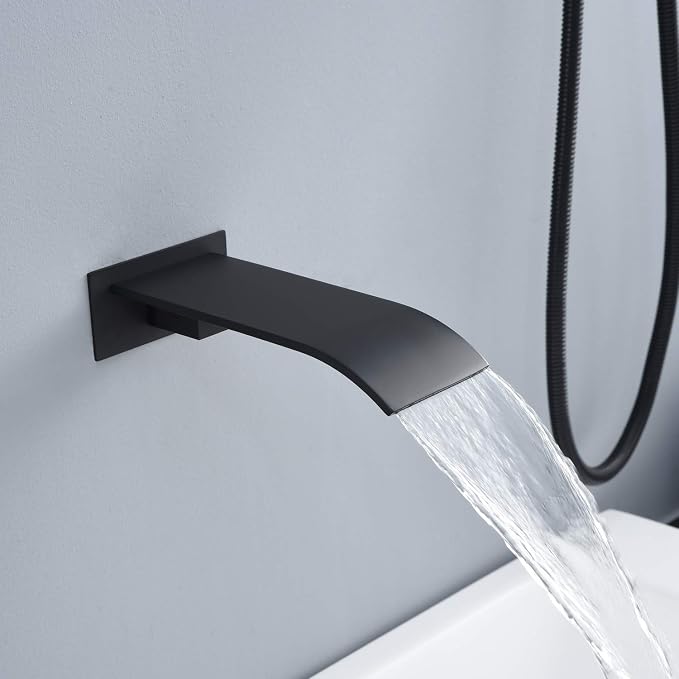 SUMERAIN Matte Black Rain Shower Faucet System with Waterfall Tub Spout | 8" Rain Shower Head, Brass Handheld Shower, Anti-scalding Pressure Balance Valve, Rough-In Valve Included