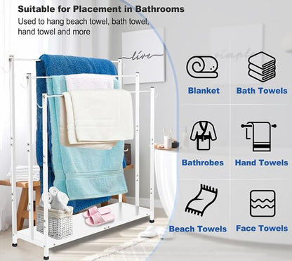 Extra Large Free Standing Towel Rack, White | 3 Tiers Heavy Duty Blanket Drying Stand Holder with Metal Storage Shelf & 6 Hooks for Bathroom, Pool, Bedroom, Living Room