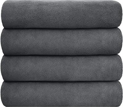 JML Microfiber Bath Towel Set, 27" x 55", 4 Pack, Grey | Hanging Loop, Super Absorbent, Fast Drying Bathroom Towel for Hair, Swimming, Fitness, Sport, Yoga