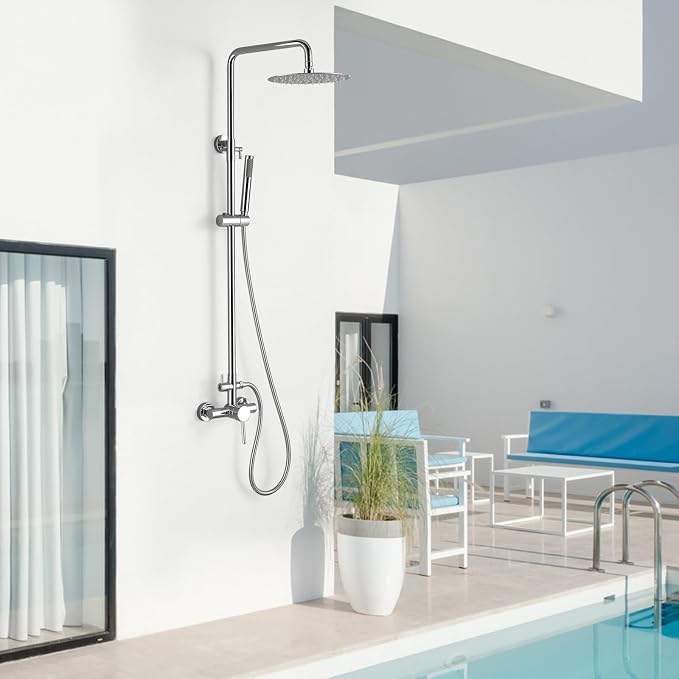 RBROHANT Outdoor Shower, Wall Mount Outdoor Shower Kit, Outside Shower Faucet with Height Adjustable Rain Shower and Handheld, Exposed Shower System for Pool, Wall Mounted, Polished Chrome, JK0146