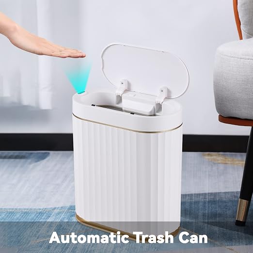 ELPHECO Bathroom Trash Can with Lid, 2 Gallon, Motion Sensor, White Gold | Automatic Garbage Can, IPX5 Waterproof Plastic Wastebasket, Trash Bin for Bathroom, Bedroom, Kitchen and Office