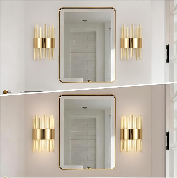 Gold Wall Sconces set of 2, LED Dimmable Modern Crystal Wall Sconces Set of Two, Gold Wall Light, Vanity Mirror Light, for Bedroom, Living Room, Dining Room, Dimmable LED 0-32W with Light Source,3000K