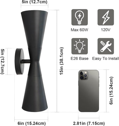 Wall Sconces Set of Two, Bathroom Sconces Lighting 15 inch Black Modern Sconces Wall Decor Set of 2 Indoor Wall Light Fixtures for Living Room Hallway Staircase Bedroom Hardwired