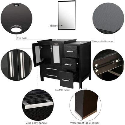 eclife 84" Modern Bathroom Vanity Sink Combo Freestanding Cabinet with Small Side Cabinet, White Boat Ceramic Vessel Sink, Water Save Faucet, Drain (Black+T44)