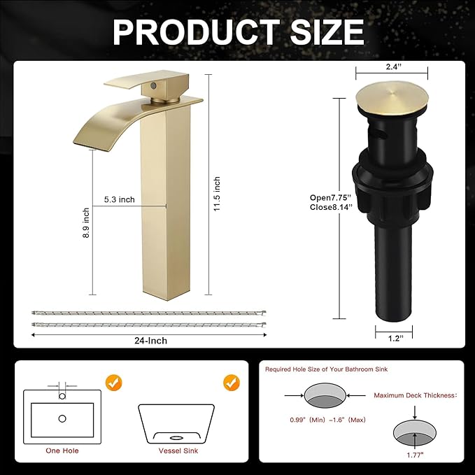 Brushed Gold Bathroom Vessel Sink Faucet, Waterfall Bathroom Faucet, Vessel Faucet, Tall Body High 1 Hole Single Handle with Pop Up Drain Combo Vanity Mixer Tap Commercial Basin Bowl Sink