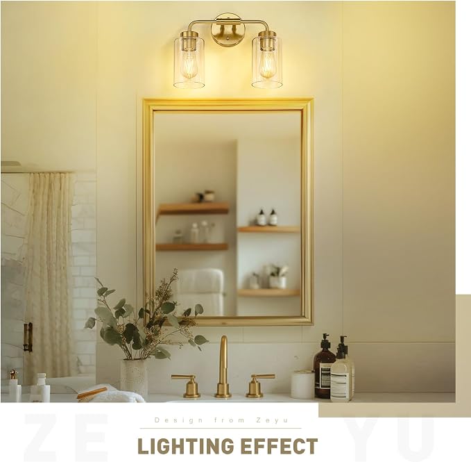 zeyu 14.4 Inch Vanity Light Fixture, Vintage Bathroom Lamp, Gold Bathroom Light Fixtures with Clear Glass Shade, Brushed Gold Finish, ZS62B-2W BG