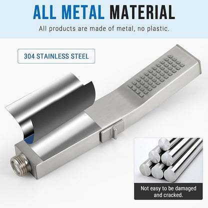 G-Promise Metal Square Handheld Head with Power Wash Mode(Brushed Nickel) | All Metal Construction, Powerful Wash Mode, Side Push Switch, Modern Look, Simple to Install