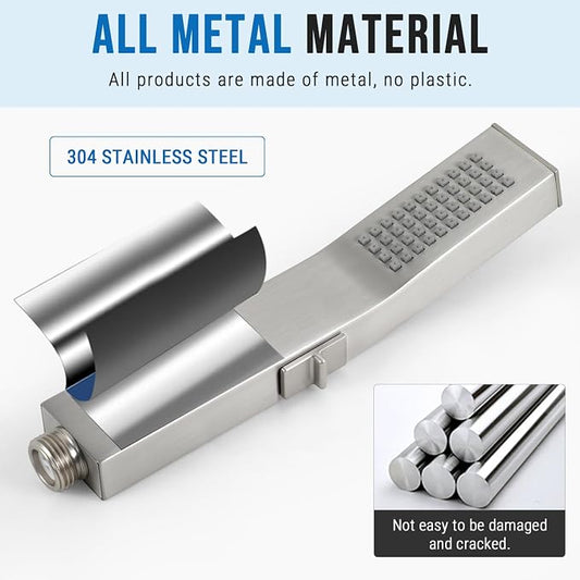 G-Promise Metal Square Handheld Head with Power Wash Mode(Brushed Nickel) | All Metal Construction, Powerful Wash Mode, Side Push Switch, Modern Look, Simple to Install