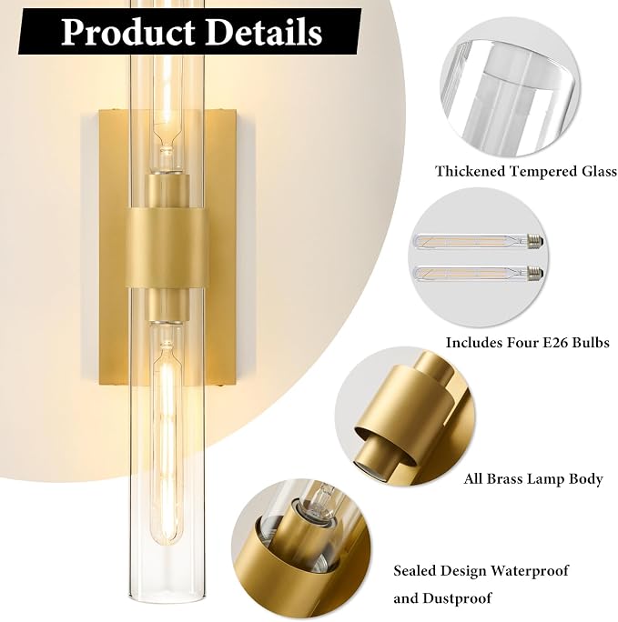 Champagne Brass Bathroom Wall Sconce: Set of 2 Modern Gold Decor Lighting | Clear Glass Tube Minimalist Vanity Sconces, Vertical or Horizontal Dimmable Brushed Light Fixture for Indoor Hallway Bedroom