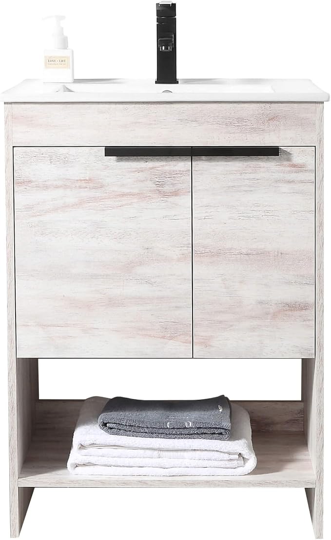 Phoenix 24 Inch Bathroom Vanity with Sink – Modern Design, Soft-Close Doors, Storage Drawers, Durable Build – Rustic White for Small Bathrooms (Full Assembly Required)