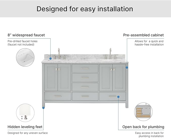 ARIEL Cambridge 66-inch Bathroom Vanity with Sink,Solid Wood, 0.75-inch Italian Carrara Marble Countertop, Double Rectangular Porcelain Sink, 4 Soft Closing Doors, 6 Dovetail Drawers, Grey