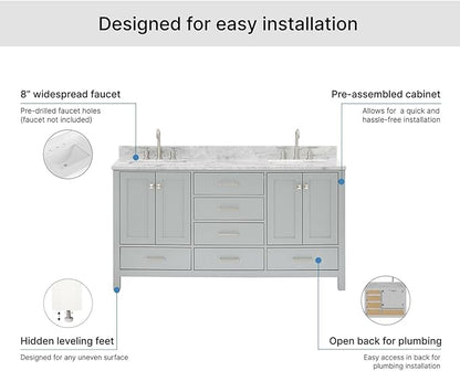 ARIEL Cambridge 66-inch Bathroom Vanity with Sink,Solid Wood, 0.75-inch Italian Carrara Marble Countertop, Double Rectangular Porcelain Sink, 4 Soft Closing Doors, 6 Dovetail Drawers, Grey