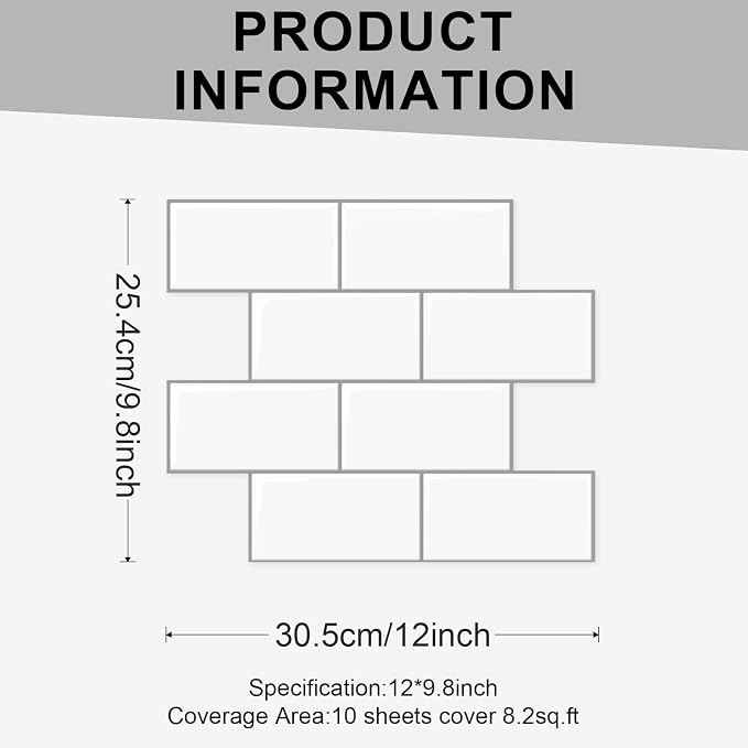 10 Sheets Thicker Peel and Stick Backsplash, Peel and Stick Tiles, Marble Look Wall Tiles Backsplash for Kitchen and Bathroom, Livingroom, 12"x9.8", White