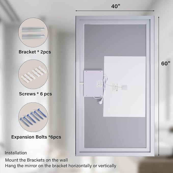 XRAMFY 40"X60"LED Bathroom Mirror, Backlit + Front Lit Wall Mirror | LED Bathroom Mirror with Lights for Wall, 3 Colors, Anti-Fog, Dimmable Brightness, Tempered Glass