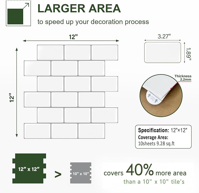 Peel and Stick Backsplash for Kitchen, 3D Subway Thicker 10 Tiles | 12''x12'' Self Adhesive Back Splash for Kitchen, Bathroom, White With Gray Grout