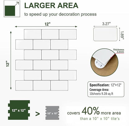 Peel and Stick Backsplash for Kitchen, 3D Subway Thicker 10 Tiles | 12''x12'' Self Adhesive Back Splash for Kitchen, Bathroom, White With Gray Grout