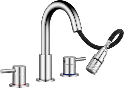 Pull Down Bathroom Faucet for Sink 3 Hole,8 inch Widespread Chrome Bathroom Sink Faucet with Pop Up Drain, Water Supply Hoses