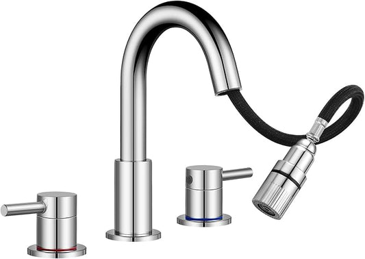 Pull Down Bathroom Faucet for Sink 3 Hole,8 inch Widespread Chrome Bathroom Sink Faucet with Pop Up Drain, Water Supply Hoses