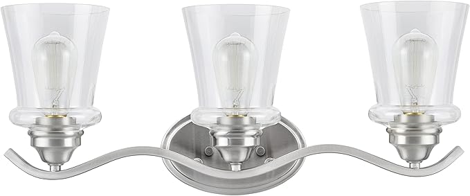 Aspen Creative 62117-1, Three-Light Metal Bathroom Vanity Wall Light Fixture, 24" Wide, Transitional Design in Satin Nickel with Clear Glass Shade